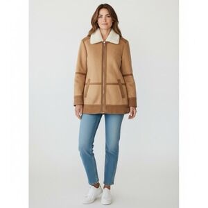 Bagatelle Women's L Brown Tan‎ Barn Jacket Twill Fur Trim Moto Chore Coat NWOT